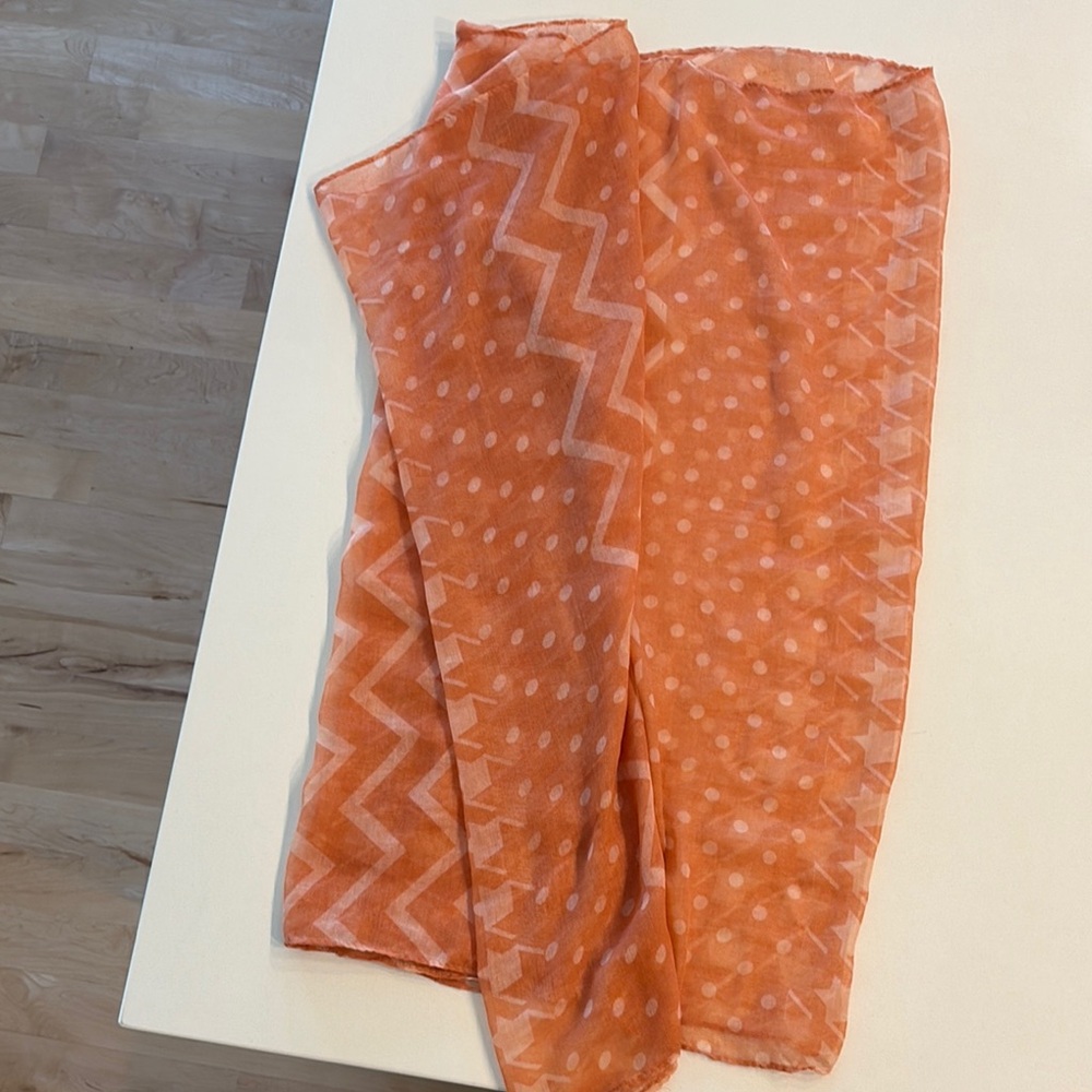 Orange Sheer Scarf with Zigzag and Polka Dot Pattern